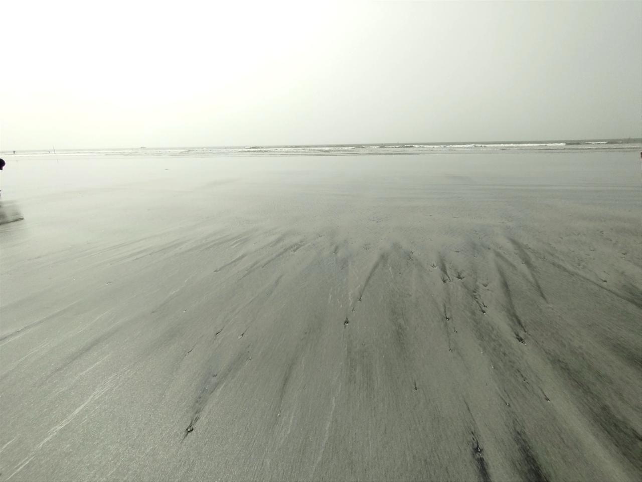 Low tide — wet sand and silver light, distant surf